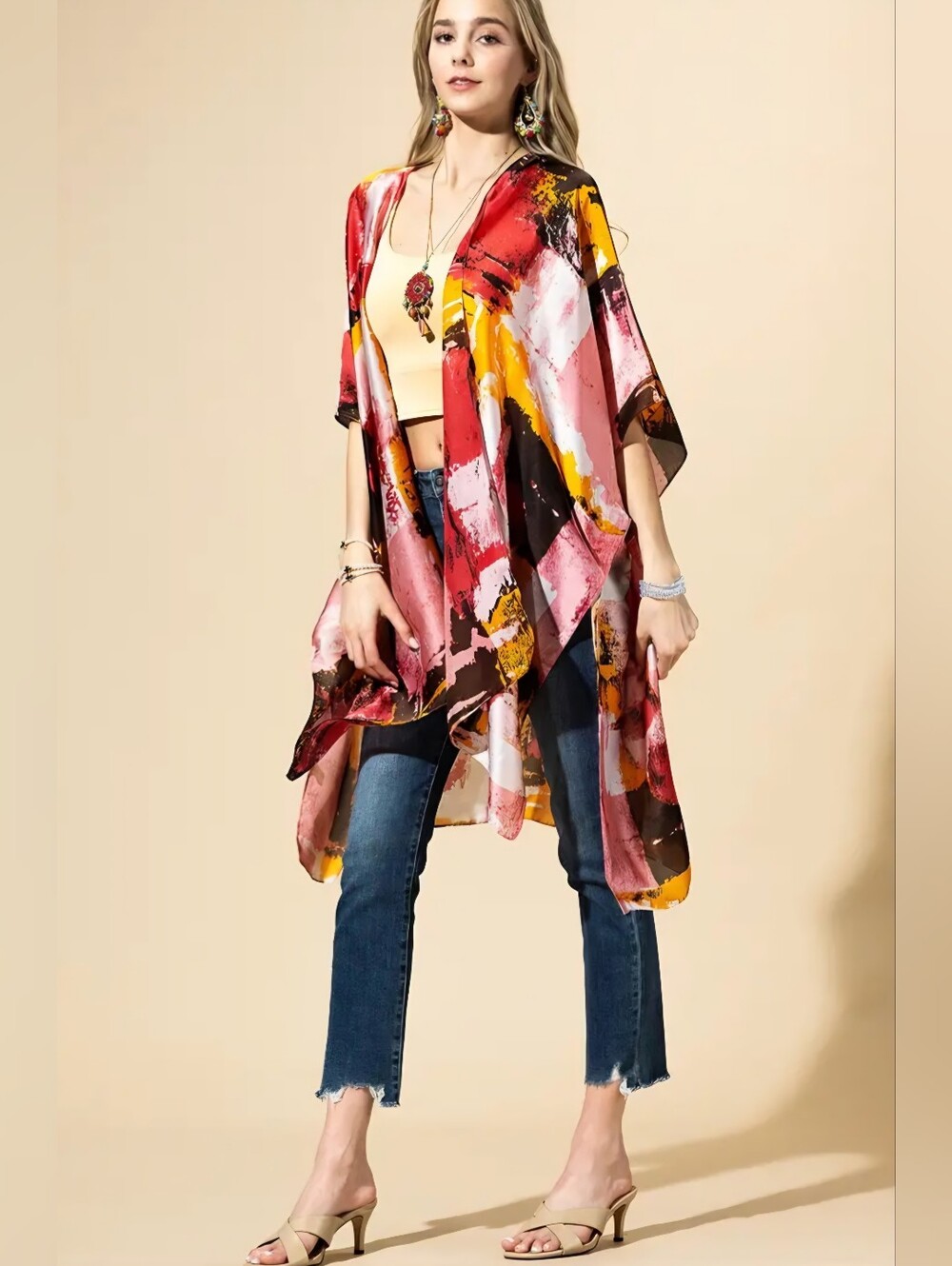 Abstract Print Kimono Cardigan - Pink Red Yellow